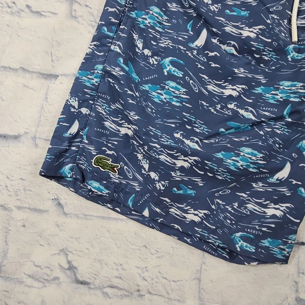 Lacoste Swim Trunks Mens M Blue Nautical Sailboat Print Drawstring Mesh Lining